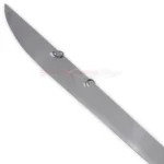 Close-up of the Master Yi sword showing its broad silver blade with a smooth finish and distinctive curved tip.