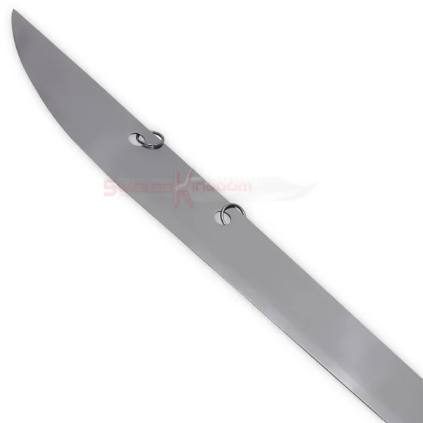 Close-up of the Master Yi sword showing its broad silver blade with a smooth finish and distinctive curved tip.