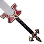 Detailed view of the Master Yi sword hilt with a red and gold decorative guard, black textured handle, and ornate four-point pommel.