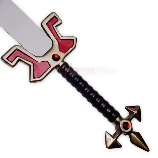 Detailed view of the Master Yi sword hilt with a red and gold decorative guard, black textured handle, and ornate four-point pommel.