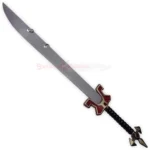 Full view of the Master Yi sword from League of Legends featuring a long silver blade, ornate red and gold crossguard, black textured grip, and decorative pommel.