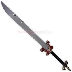 Full view of the Master Yi sword from League of Legends featuring a long silver blade, ornate red and gold crossguard, black textured grip, and decorative pommel.