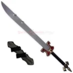Master Yi sword replica displayed with its matching dark sheath, long silver blade, ornate red and gold guard, and black handle.