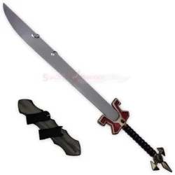 Master Yi sword replica displayed with its matching dark sheath, long silver blade, ornate red and gold guard, and black handle.