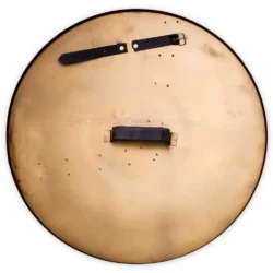 Back view of the Medieval 300 Spartan Shield Replica showing the bronze-toned surface with adjustable black leather straps and a central padded hand grip.