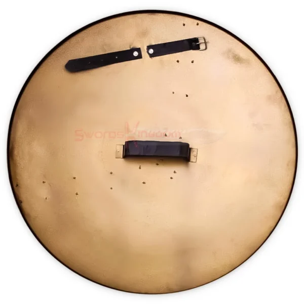 Back view of the Medieval 300 Spartan Shield Replica showing the bronze-toned surface with adjustable black leather straps and a central padded hand grip.
