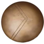 Front view of a Medieval 300 Spartan Shield Replica featuring a large round bronze finish, raised central reinforcement, and riveted decorative detailing.