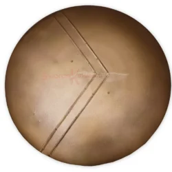 Front view of a Medieval 300 Spartan Shield Replica featuring a large round bronze finish, raised central reinforcement, and riveted decorative detailing.