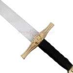 Detailed view of the ornate gold-toned crossguard and black-wrapped handle of the Medieval Knights Templar sword replica.