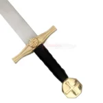 Close-up of the Knights Templar sword replica showing its gold-toned crossguard, black-wrapped grip and decorative pommel.