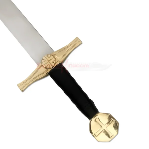 Close-up of the Knights Templar sword replica showing its gold-toned crossguard, black-wrapped grip and decorative pommel.
