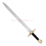 Full view of a Medieval Knights Templar cross sword replica with a long silver blade, gold-toned crossguard and black-wrapped handle.