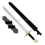 Medieval Knights Templar cross sword replica displayed with its black sheath and matching sword hanger.
