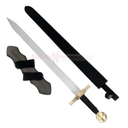 Medieval Knights Templar cross sword replica displayed with its black sheath and matching sword hanger.