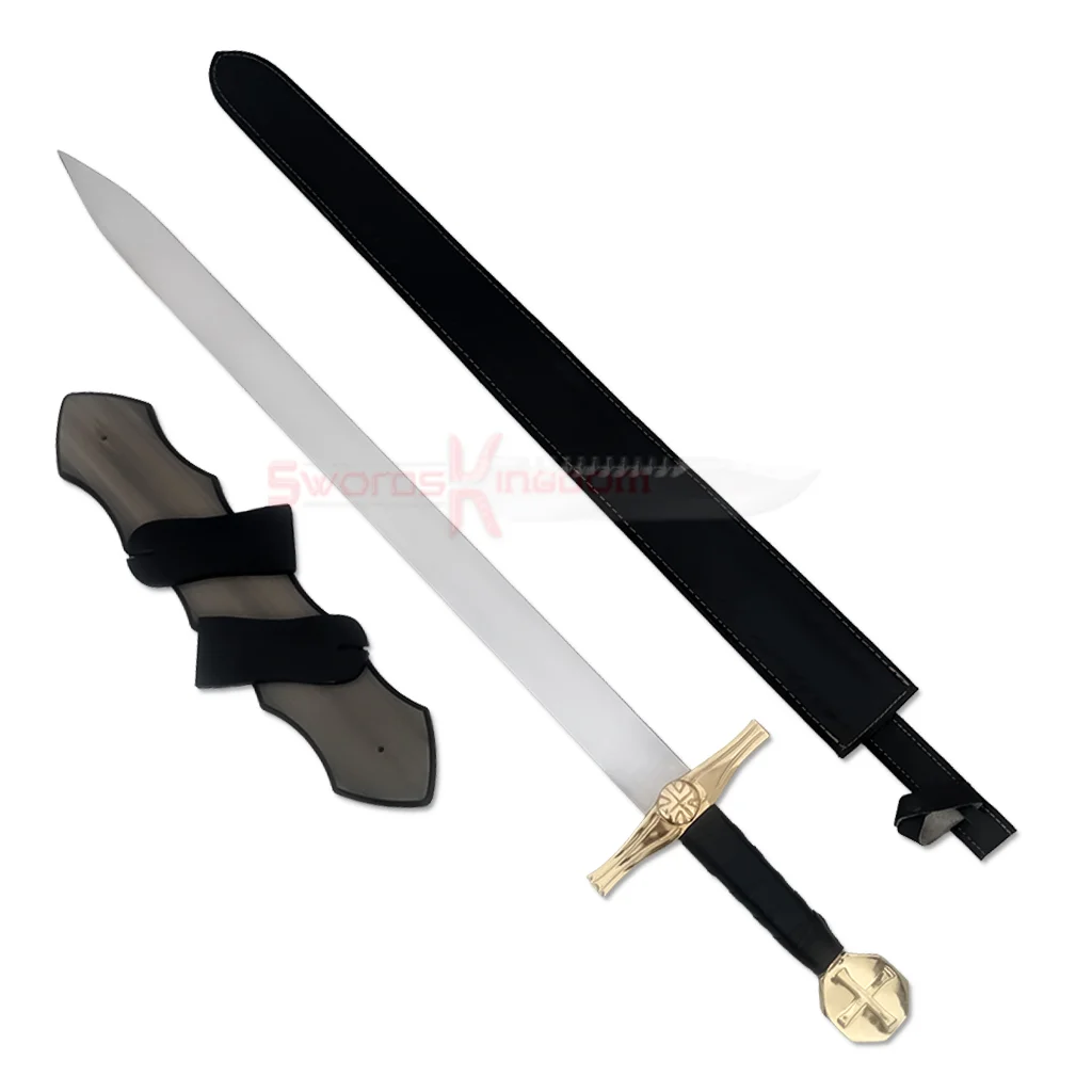 medieval-knights-templar-cross-sword-replica-with-sheath Medieval Knights Templar cross sword replica displayed with its black sheath and matching sword hanger.
