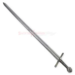 Full view of Robin Hood sword replica with silver blade, crossguard and detailed handle