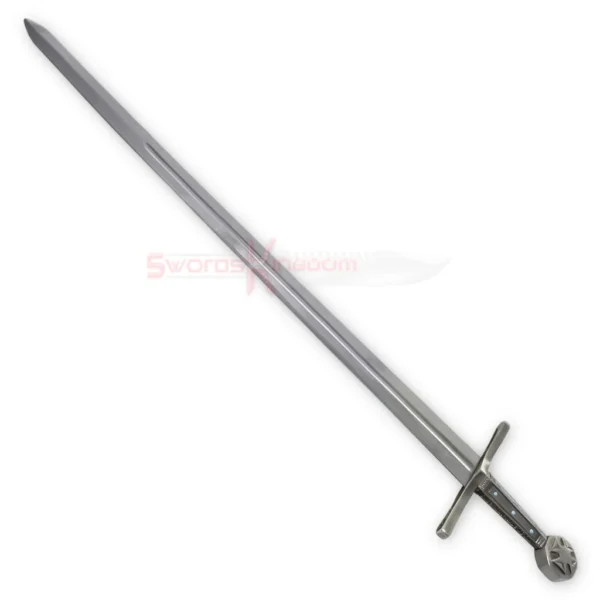Full view of Robin Hood sword replica with silver blade, crossguard and detailed handle