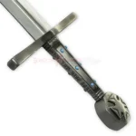 Close-up of Robin Hood sword replica handle with blue accents and decorative pommel
