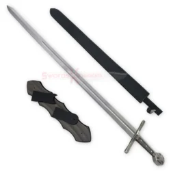 Robin Hood sword replica with black sheath and wooden wall mount display