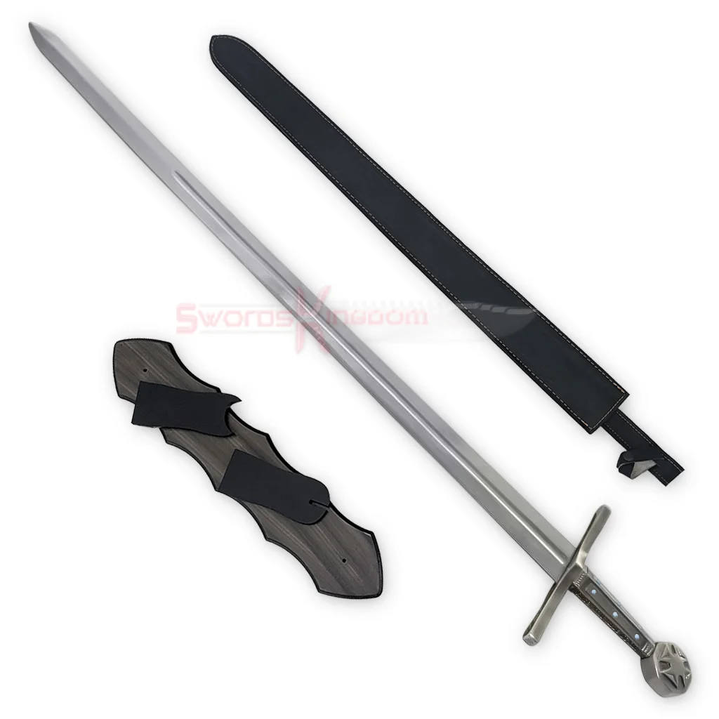 robin-hood-sword-replica-sheath-wall-mount Robin Hood sword replica with black sheath and wooden wall mount display