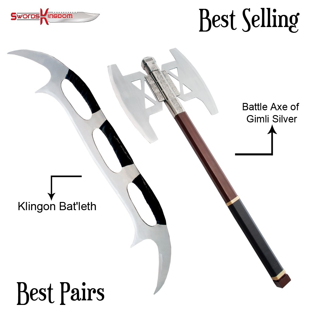 Star Trek Klingon Bat leth Replica 46 Inches & Gimli Battle Axe Replica Silver Plated