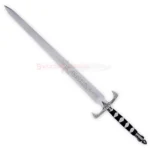 Full view of the Sword of Truth replica from Legend of the Seeker, featuring an engraved silver blade and ornate dark handle.