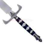 Close-up of the Sword of Truth replica showing its ornate silver crossguard, dark wrapped handle and decorative pommel.