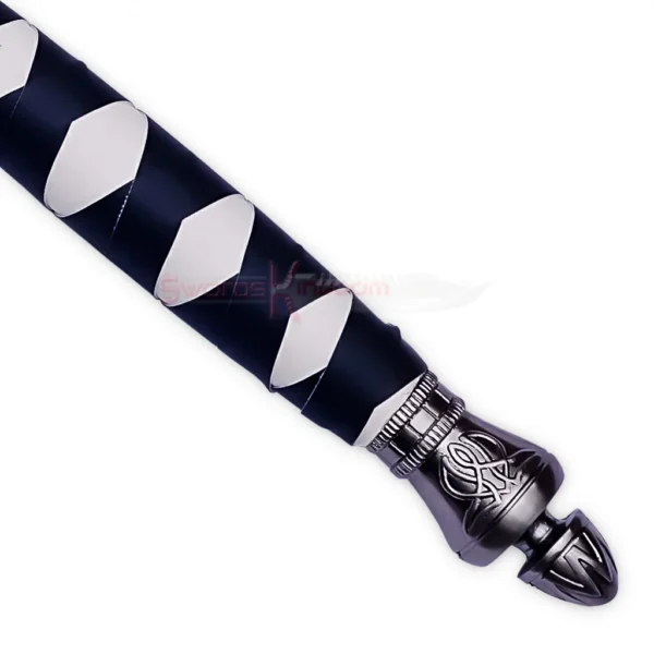 Sword of Truth replica shown in full with its engraved silver blade and distinctive dark blue and silver handle.