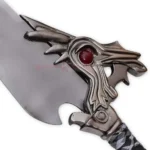 Tidus Brotherhood Sword Replica from Final Fantasy featuring a broad silver blade, ornate dark metallic guard with a red gemstone, wrapped black-and-white handle and decorative ribbons.