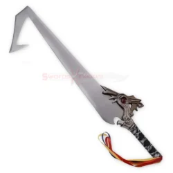 Full view of the Tidus Brotherhood Sword Replica with a broad silver blade, distinctive angular tip, ornate hilt and wrapped handle.