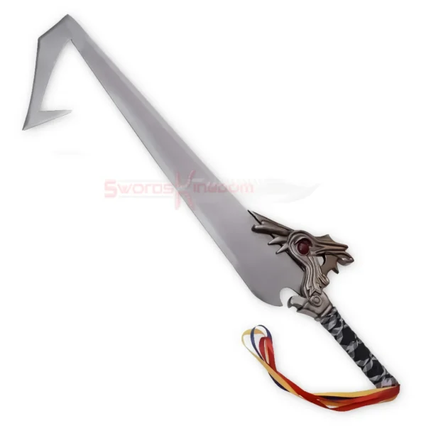 Full view of the Tidus Brotherhood Sword Replica with a broad silver blade, distinctive angular tip, ornate hilt and wrapped handle.