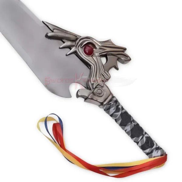 Close-up of the Tidus Brotherhood Sword Replica hilt showing its detailed metallic guard, red gemstone, black-and-white wrapped handle and decorative ribbons.