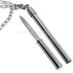Close-up of triple spiked flail mace with detachable knife