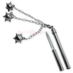 Triple spiked flail mace with silver chain and knife replica