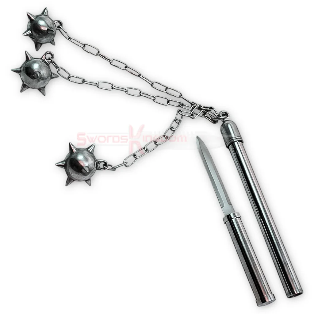 triple-spiked-flail-mace-with-knife Triple spiked flail mace with silver chain and knife replica