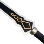 Close-up of the Yuuki Sword Replica blade with black finish and gold geometric design