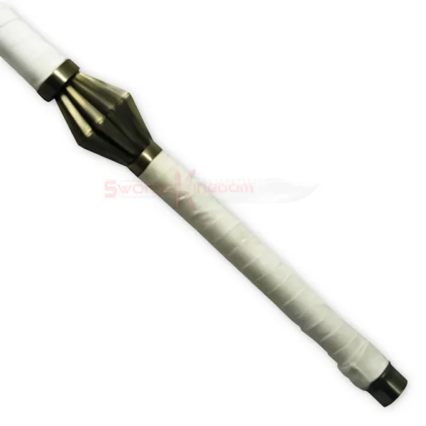 Close-up of the Zaraki White Cutting Sword handle with a white wrapped grip and detailed gold-tone guard.