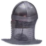 Rear view of a Medieval Knights Warrior Helmet showing its rounded dark metal dome, embossed decorative bands, and long chainmail aventail extending around the back and shoulders.