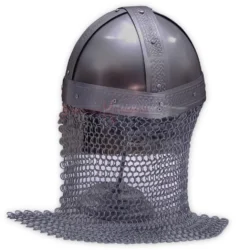 Rear view of a Medieval Knights Warrior Helmet showing its rounded dark metal dome, embossed decorative bands, and long chainmail aventail extending around the back and shoulders.