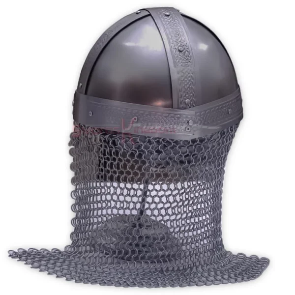 Rear view of a Medieval Knights Warrior Helmet showing its rounded dark metal dome, embossed decorative bands, and long chainmail aventail extending around the back and shoulders.