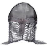 Front view of a Medieval Knights Warrior Helmet featuring a dark metal dome, decorative brow bands, a central nose guard, and an extended chainmail aventail covering the face and neck.