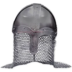 Front view of a Medieval Knights Warrior Helmet featuring a dark metal dome, decorative brow bands, a central nose guard, and an extended chainmail aventail covering the face and neck.
