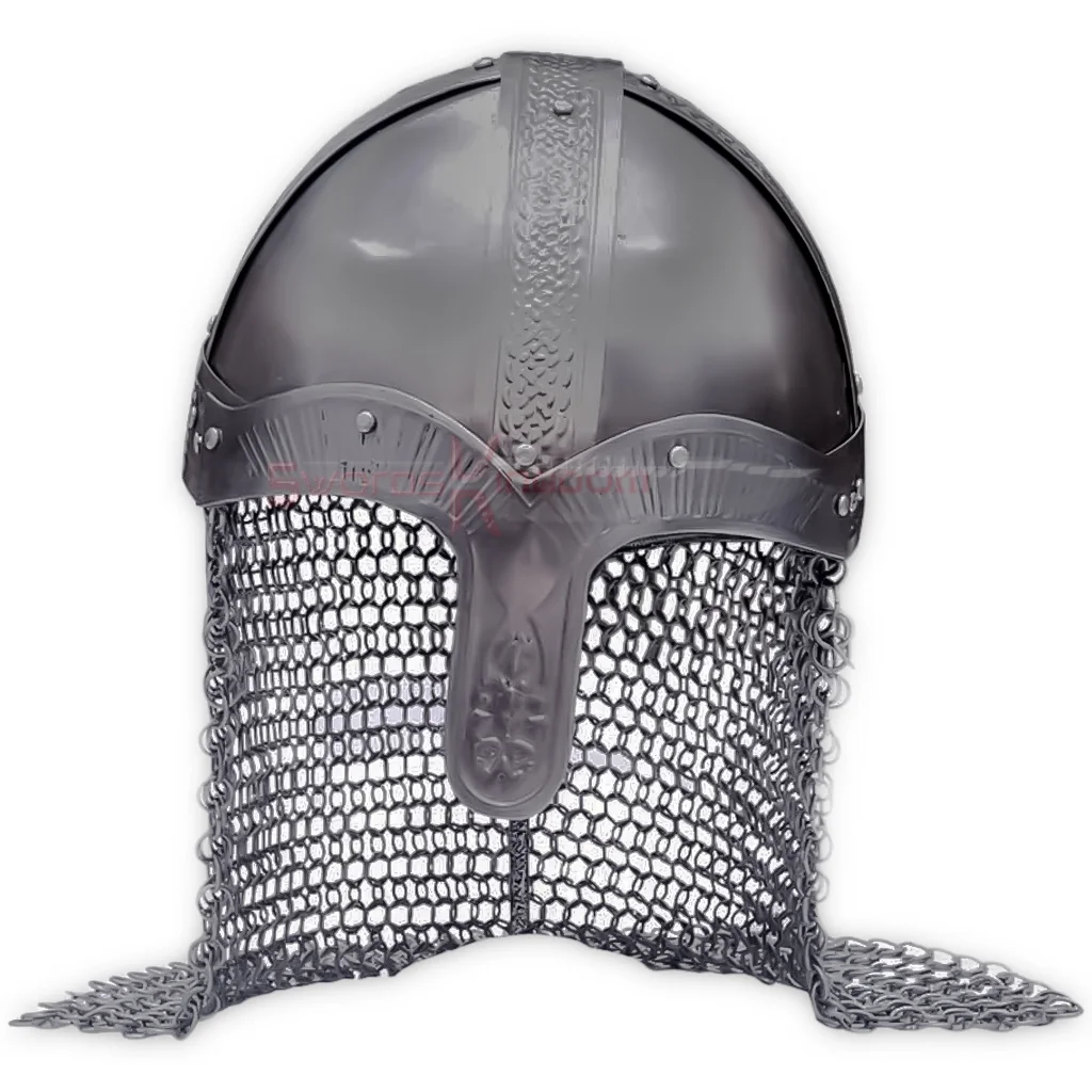 medieval-knights-warrior-helmet-front Front view of a Medieval Knights Warrior Helmet featuring a dark metal dome, decorative brow bands, a central nose guard, and an extended chainmail aventail covering the face and neck.