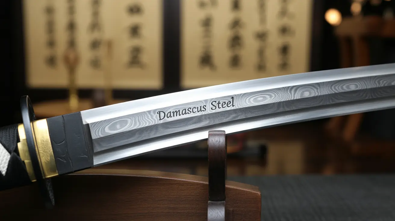 "Damascus steel katana on stand in dojo setting, focus on layered blade patterns"