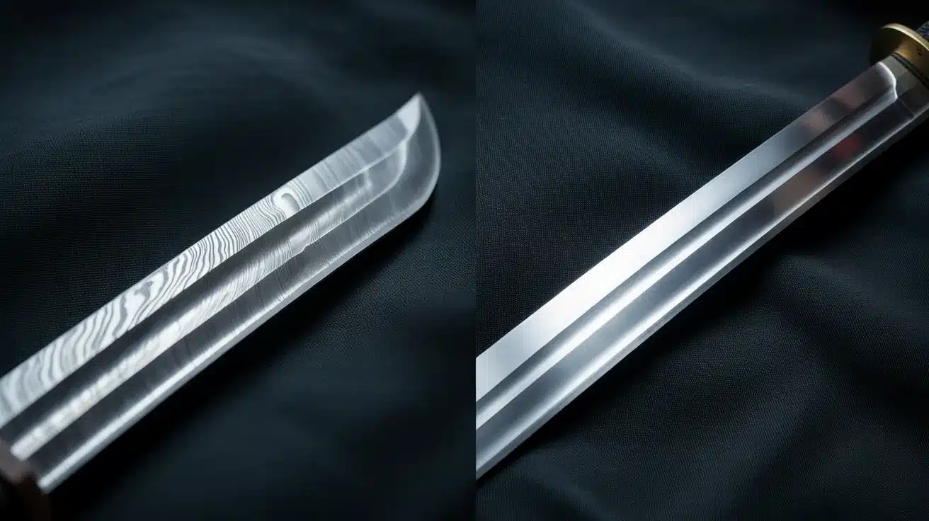 "Close-up image showing Damascus steel katana next to tamahagane blade, highlighting grain layers and hamon boundary."