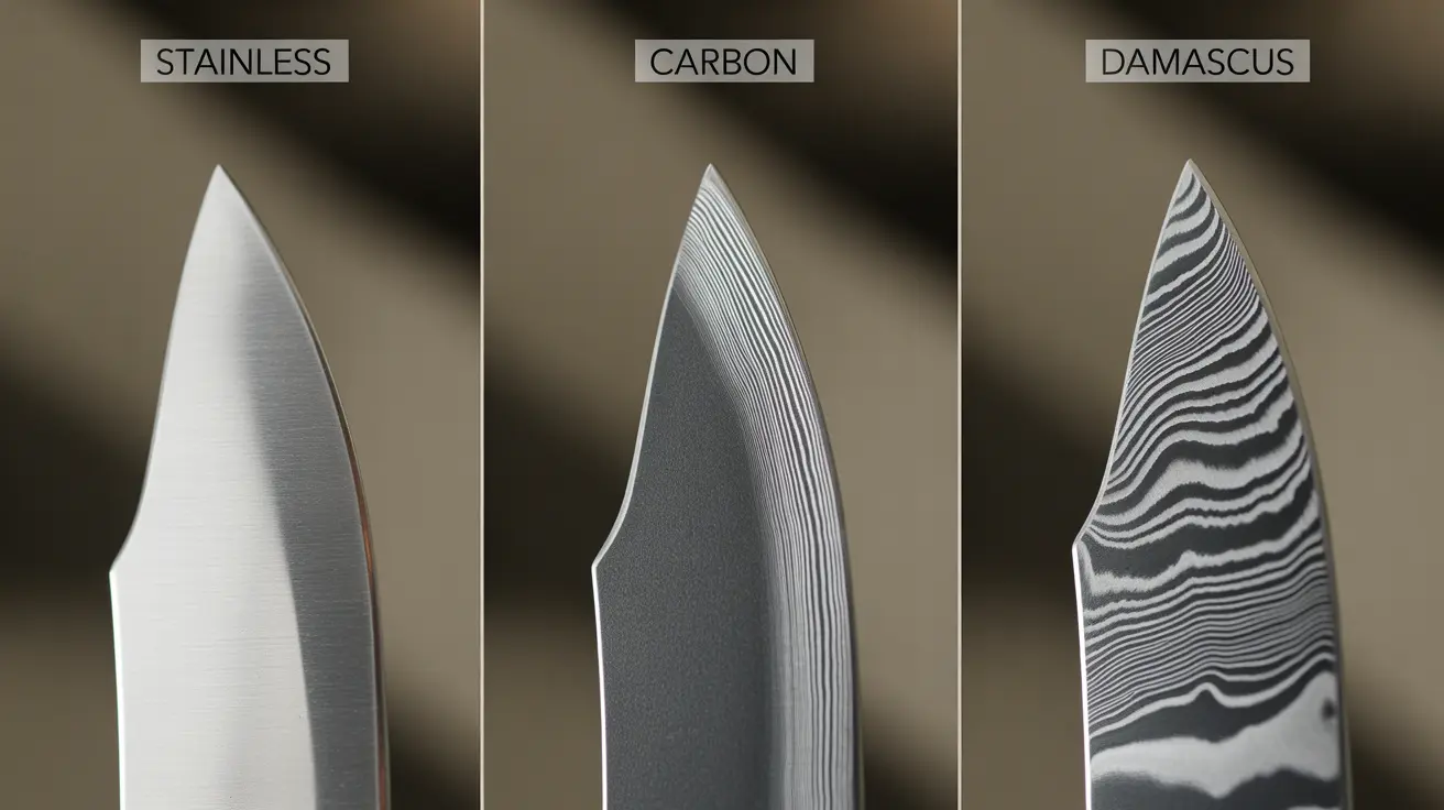 "Stainless mirror-polished tip, carbon tip with wavy hamon, and Damascus tip with bold layered grain, triptych"