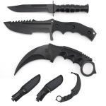 3pc Tactical Knife Set 7.5″ Karambit 7.5″ Dagger 8.5″ Hunting Knife/ Blackout Version. Comes with Nylon Sheath