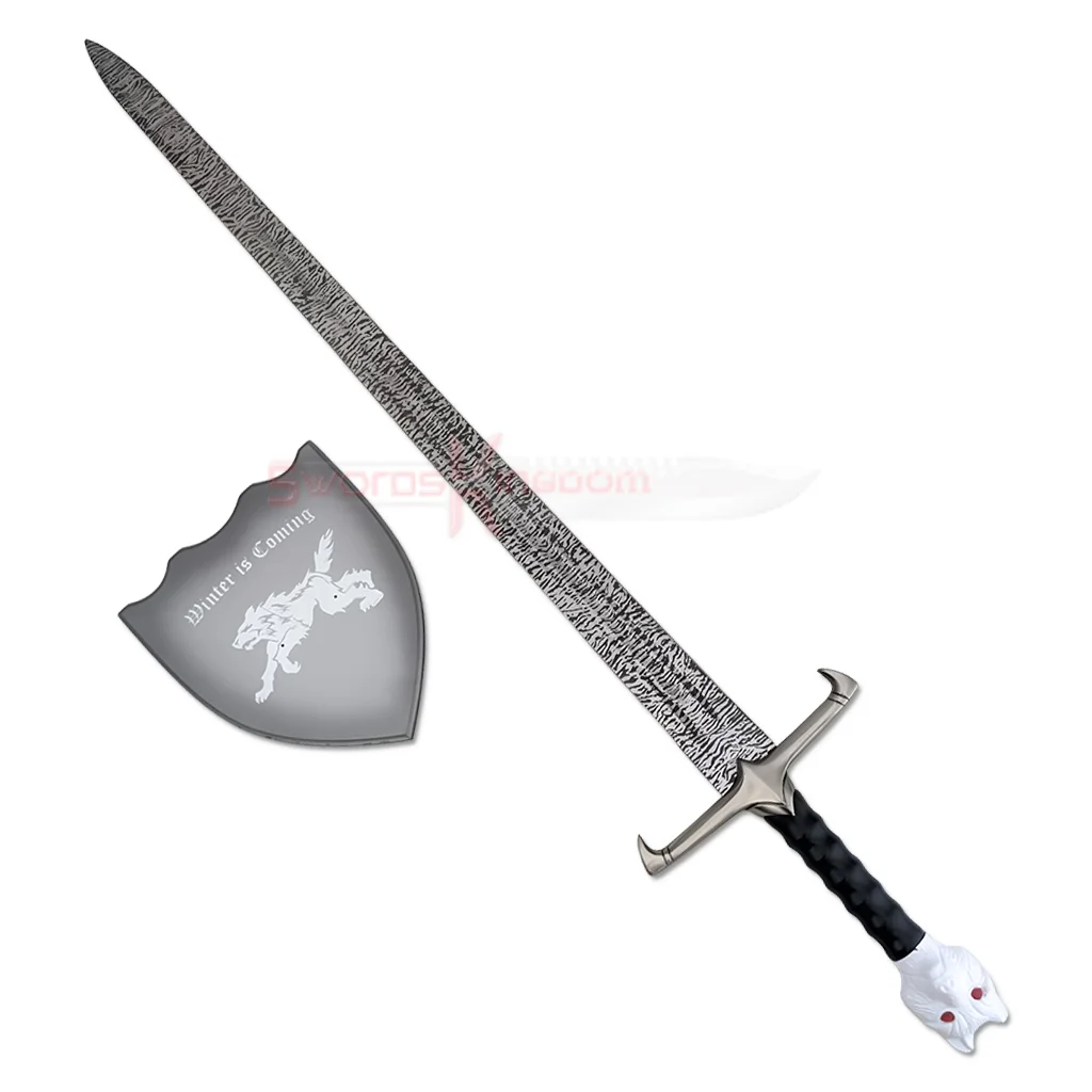 Longclaw sword replica with Damascus-pattern blade, wolf pommel, and House Stark display plaque Longclaw Sword of Jon Snow Replica Damascus Blade