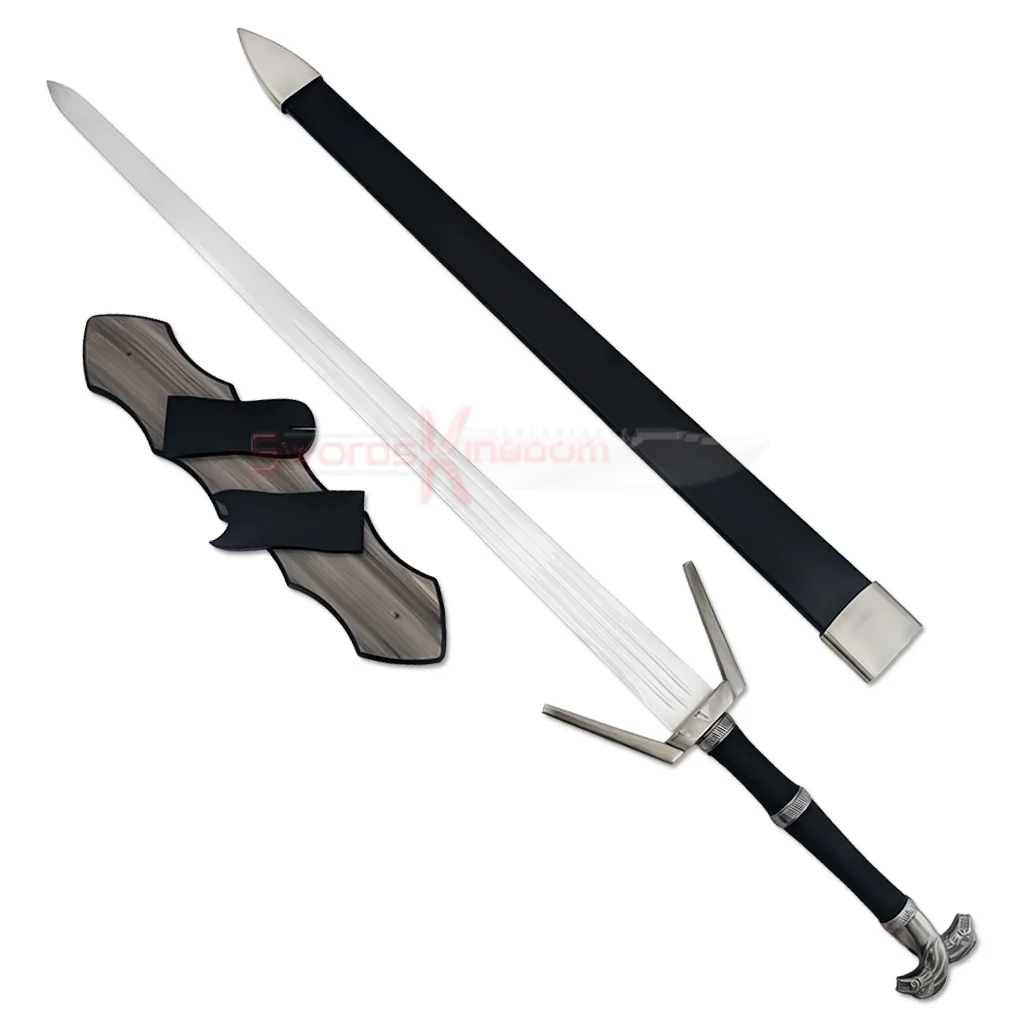 Geralt of Rivia Steel Sword replica with black scabbard, wooden wall display plaque, and polished silver blade Geralt of Rivia Sword |The Witcher 3 Limited Edition Steel Replica