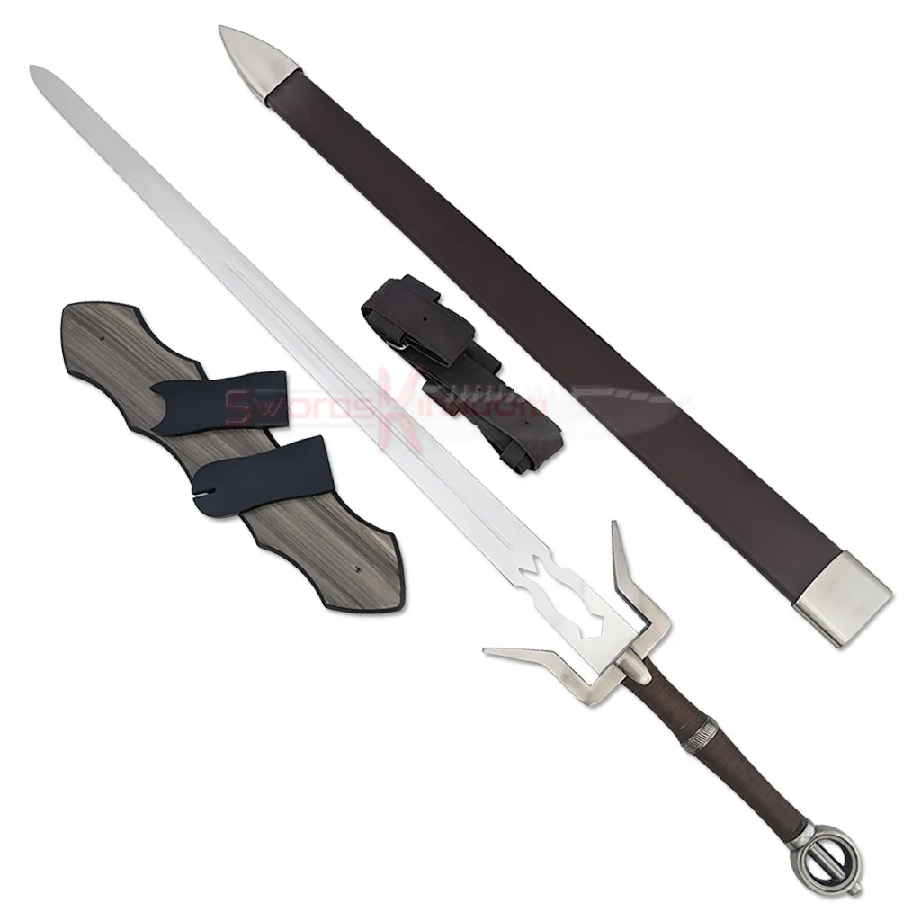 The Witcher Zireael Sword of Ciri replica with black scabbard, leather belt holder, and wooden wall display plaque The Witcher Zireael Sword of Ciri Replica
